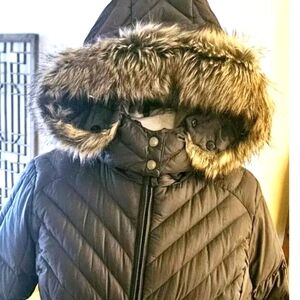 Eddie Bauer Goose Down Cinch Hooded Puffer Coat Parka Detachable Fur Trim Wmns M